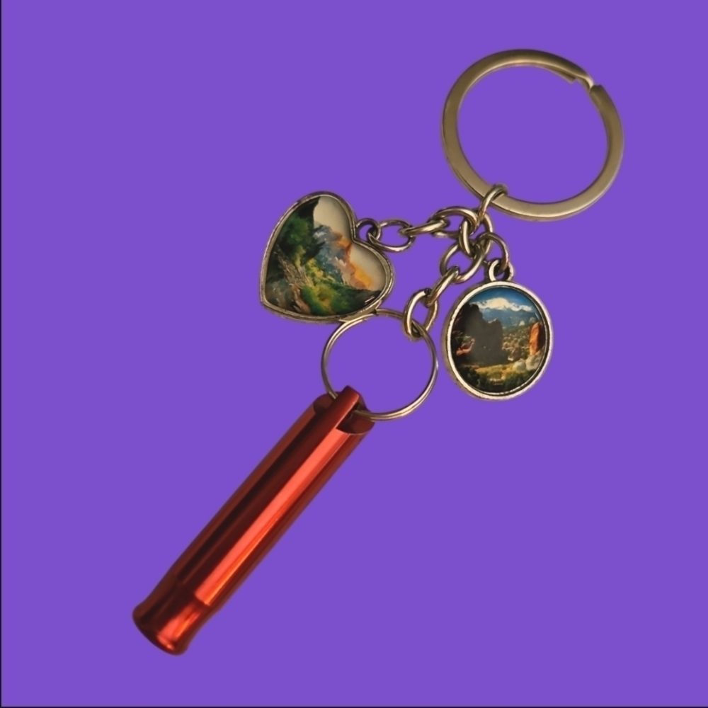 3/$20 Scenic Heart and Round Charm Keychain with Red Whistle